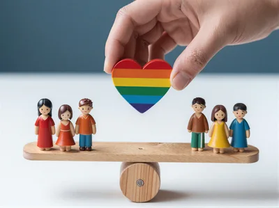 Hand Placing Rainbow Heart On Wooden Balance Scale