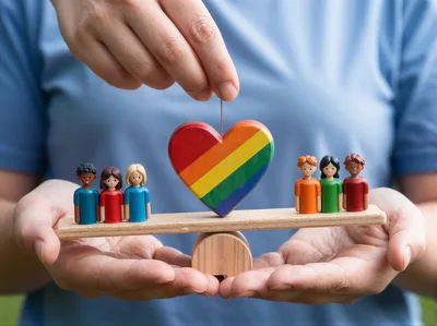 Hands Holding Wooden Scale With Rainbow Heart And Figurines