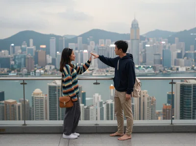 Young Couple Touching Hands Overlooking Hong Kong Skyline
