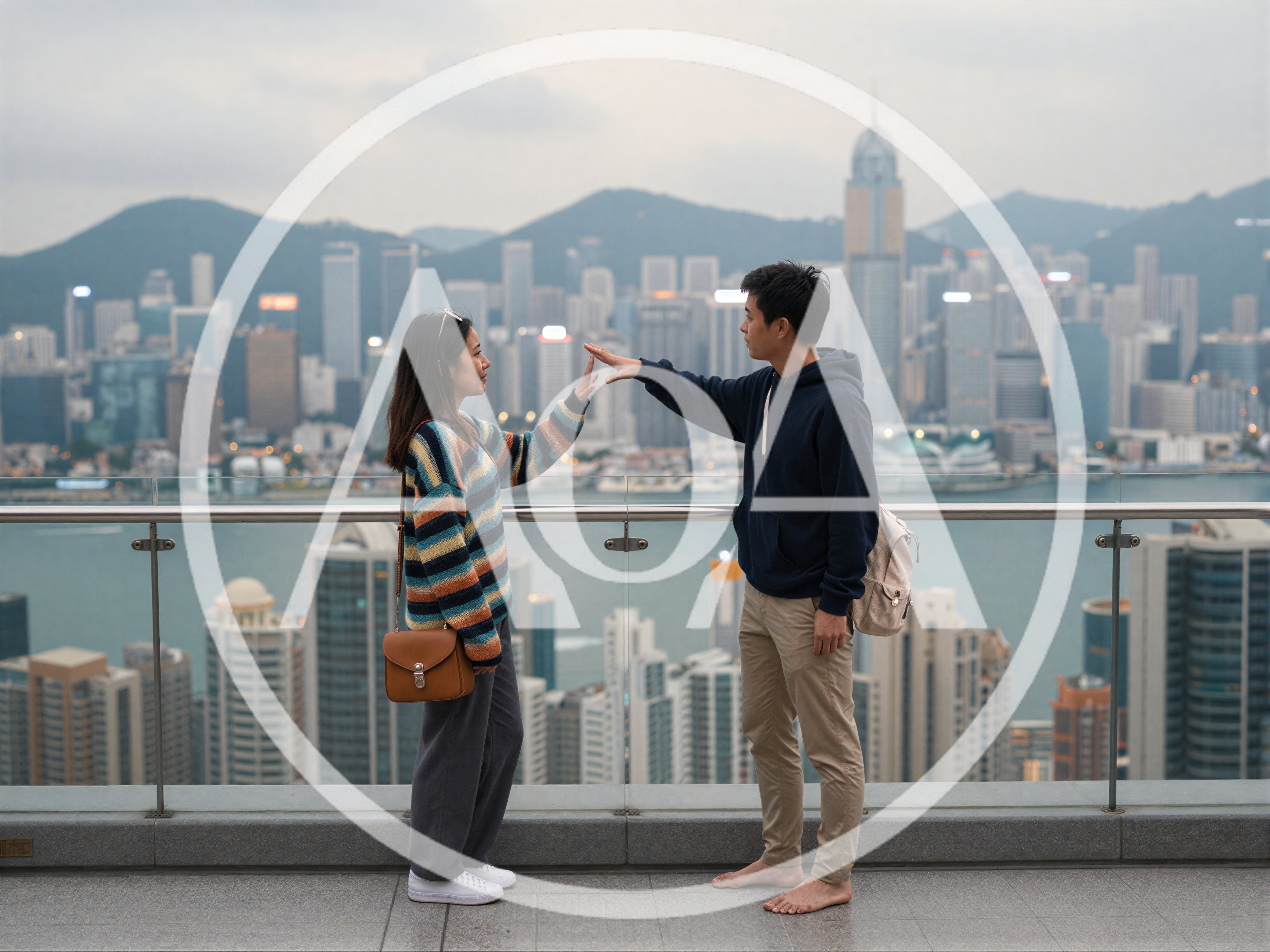 Young Couple Touching Hands Overlooking Hong Kong Skyline