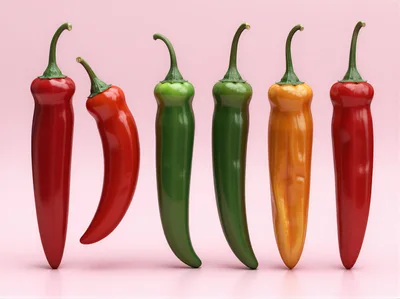 Six Colorful Chili Peppers Arranged In A Row