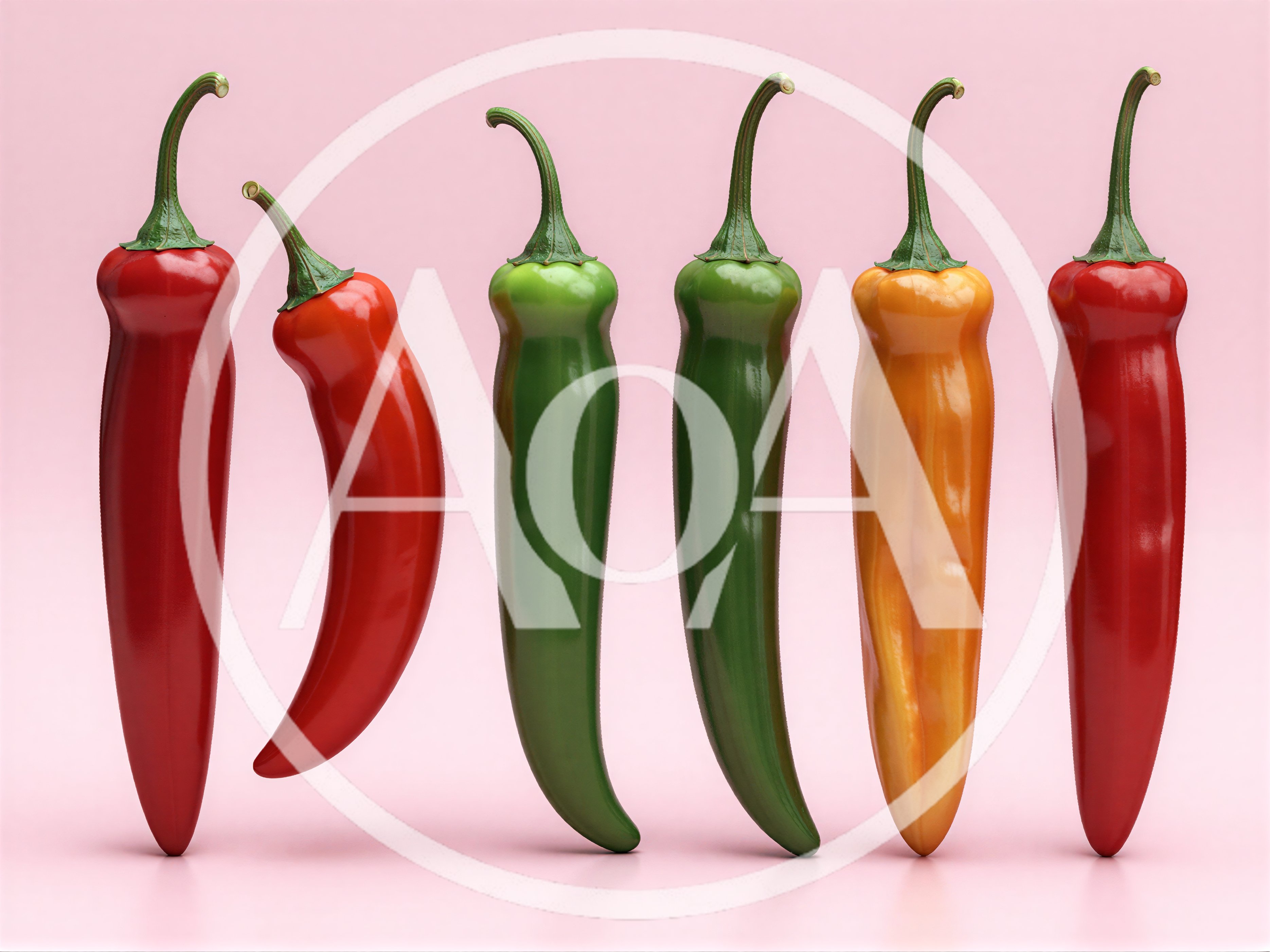 Six Colorful Chili Peppers Arranged In A Row