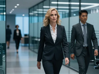 Professional Business Colleagues Walking Through Modern Office Corridor