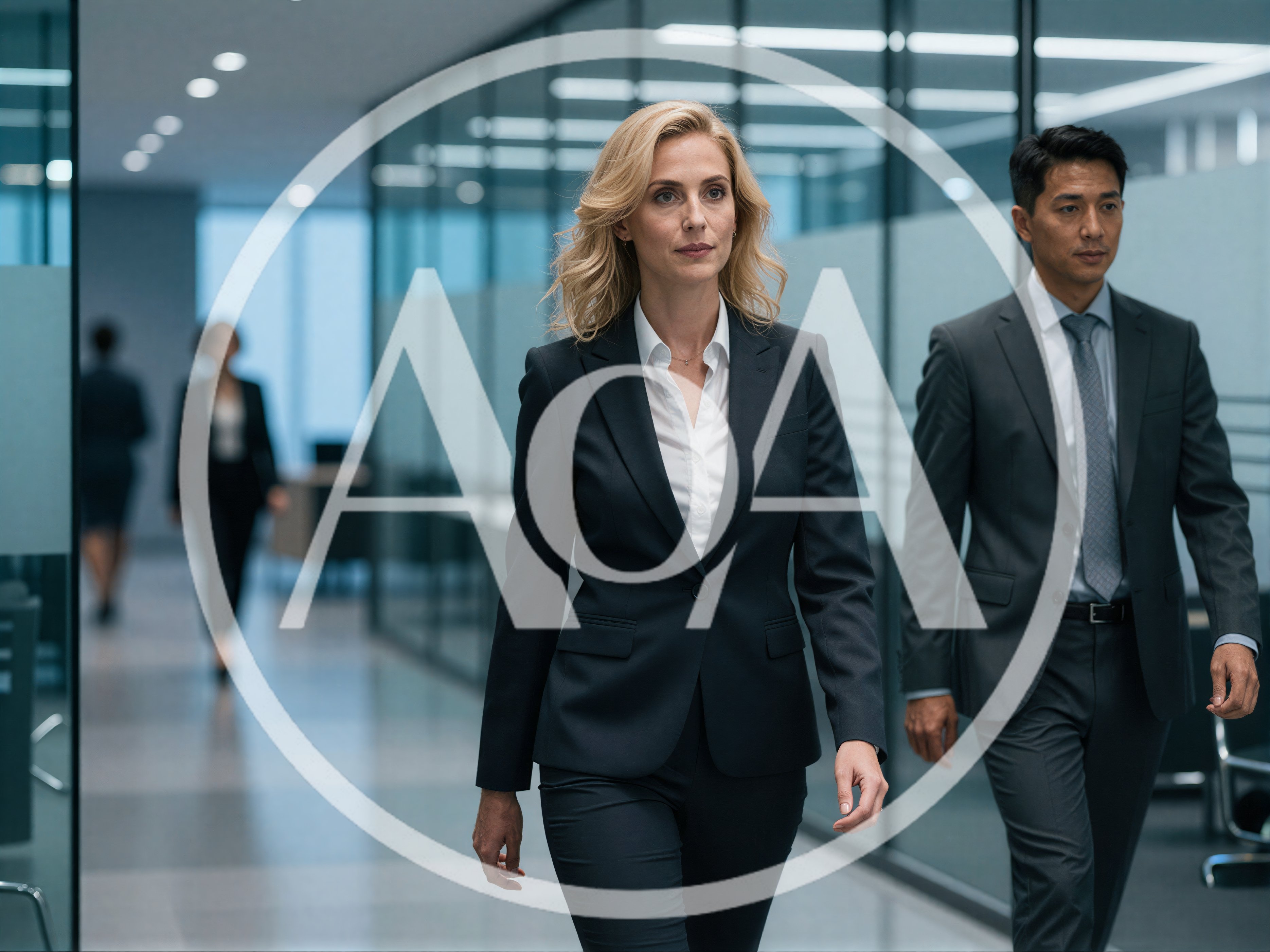 Professional Business Colleagues Walking Through Modern Office Corridor