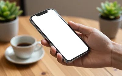 Hand Holding Smartphone With Blank Screen On Table