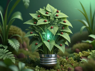 Ladybugs Crawling on a Glowing Fern Plant in a Lightbulb
