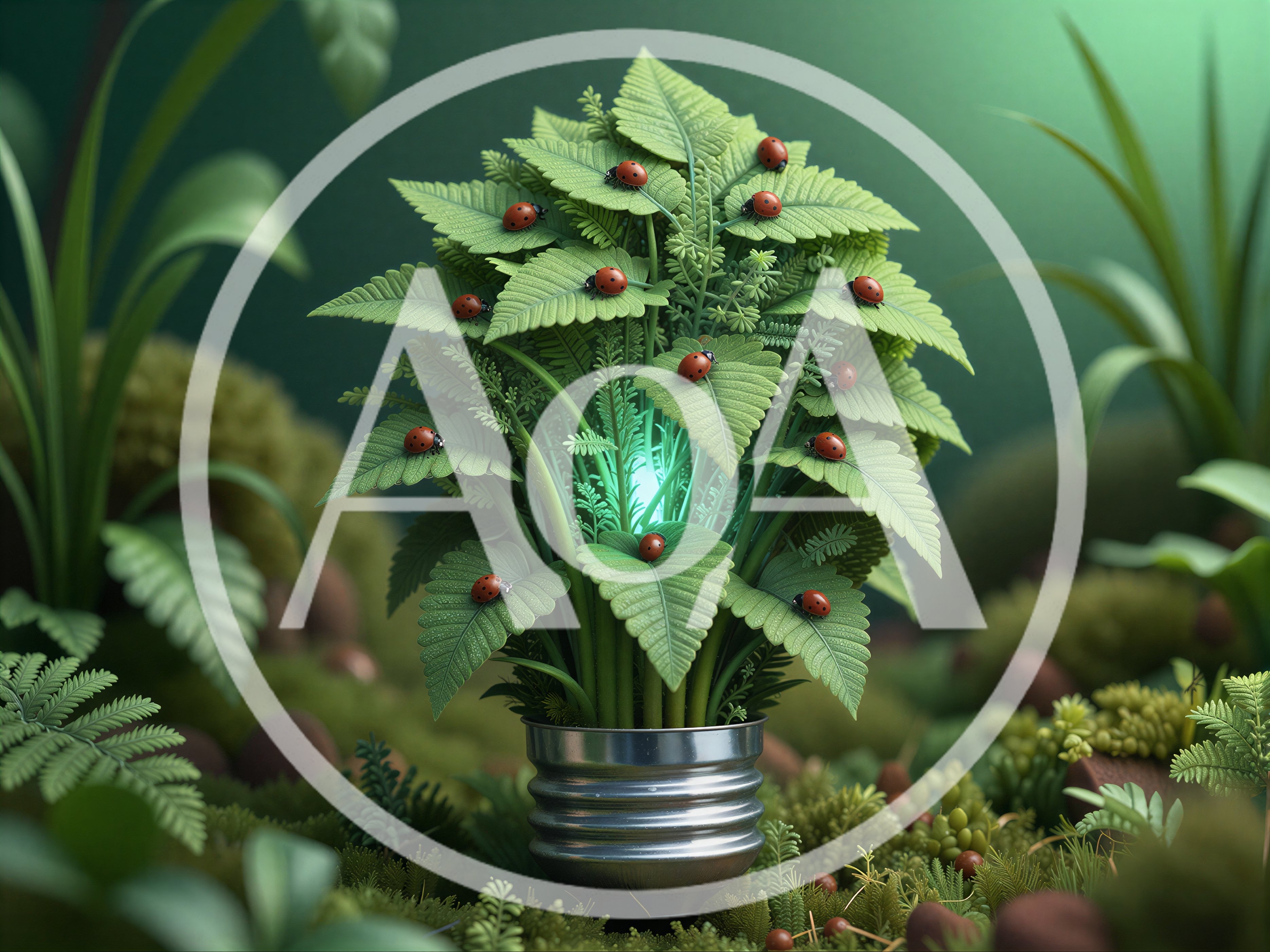 Ladybugs Crawling on a Glowing Fern Plant in a Lightbulb