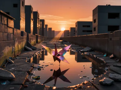 Iridescent Origami Crane Standing In A Rooftop Puddle