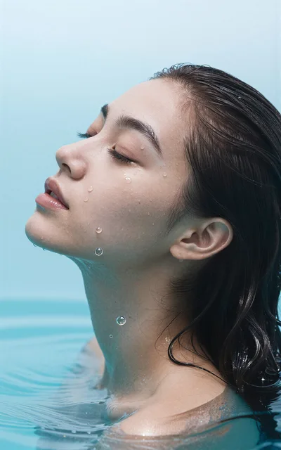Young Woman Relaxing In Water With Wet Skin