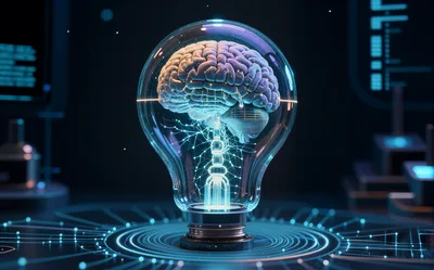 Digital Human Brain Inside A Glowing Light Bulb