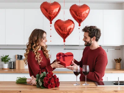 Couple Exchanging Heart Shaped Gift in Kitchen