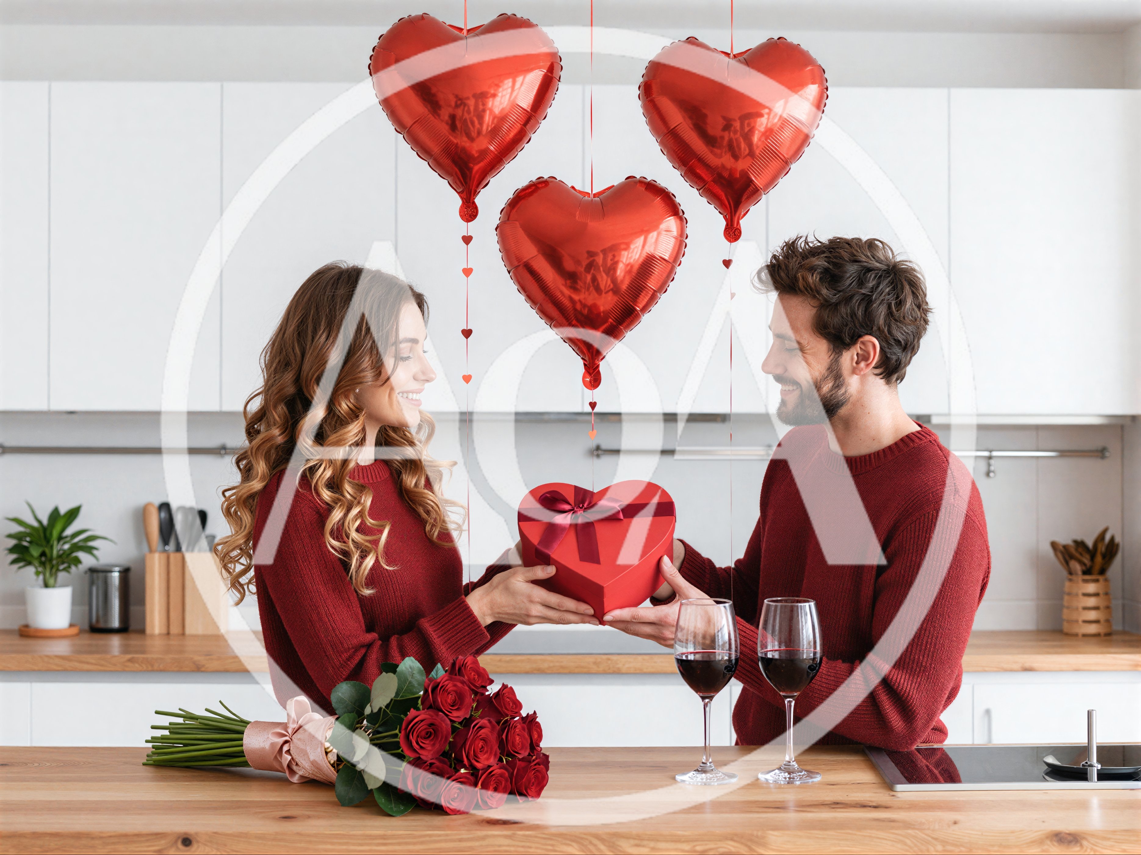 Couple Exchanging Heart Shaped Gift in Kitchen