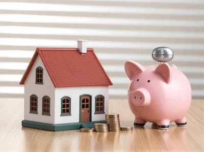 Model House and Piggy Bank with Stacked Coins