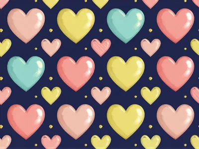 Seamless Pattern of Colorful Pastel Hearts on Dark Blue