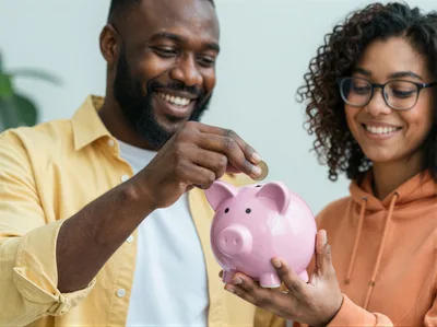 Happy Couple Saving Money In A Pink Piggy Bank