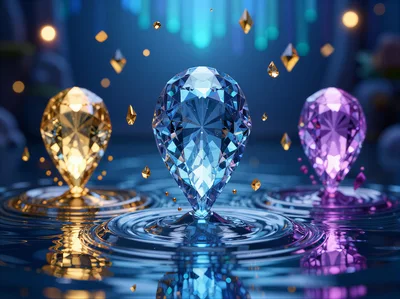 Three Floating Gemstones Creating Ripples In Water