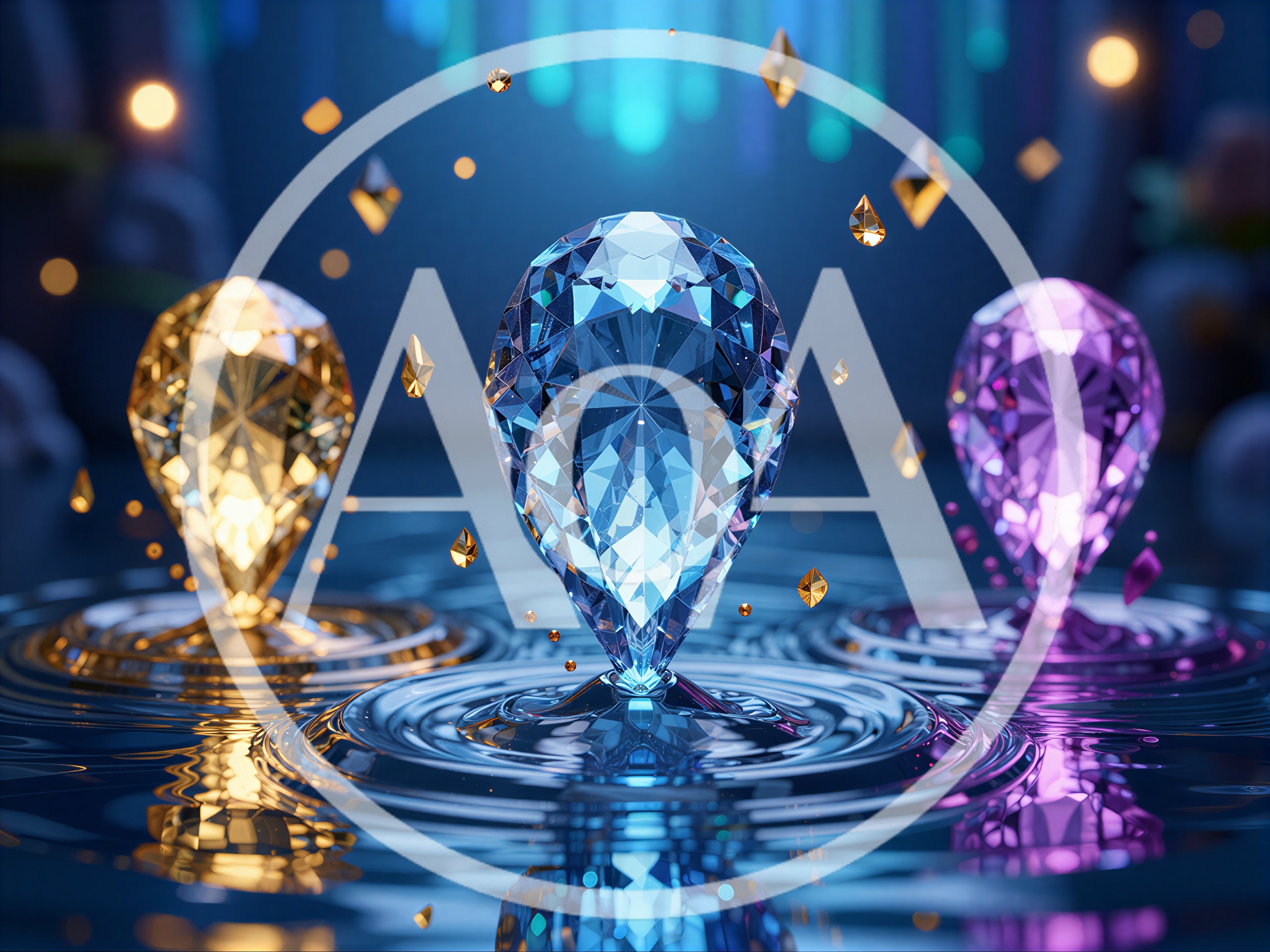 Three Floating Gemstones Creating Ripples In Water