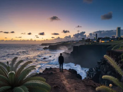 Man Standing On Coastal Cliff Overlooking Ocean At Sunset