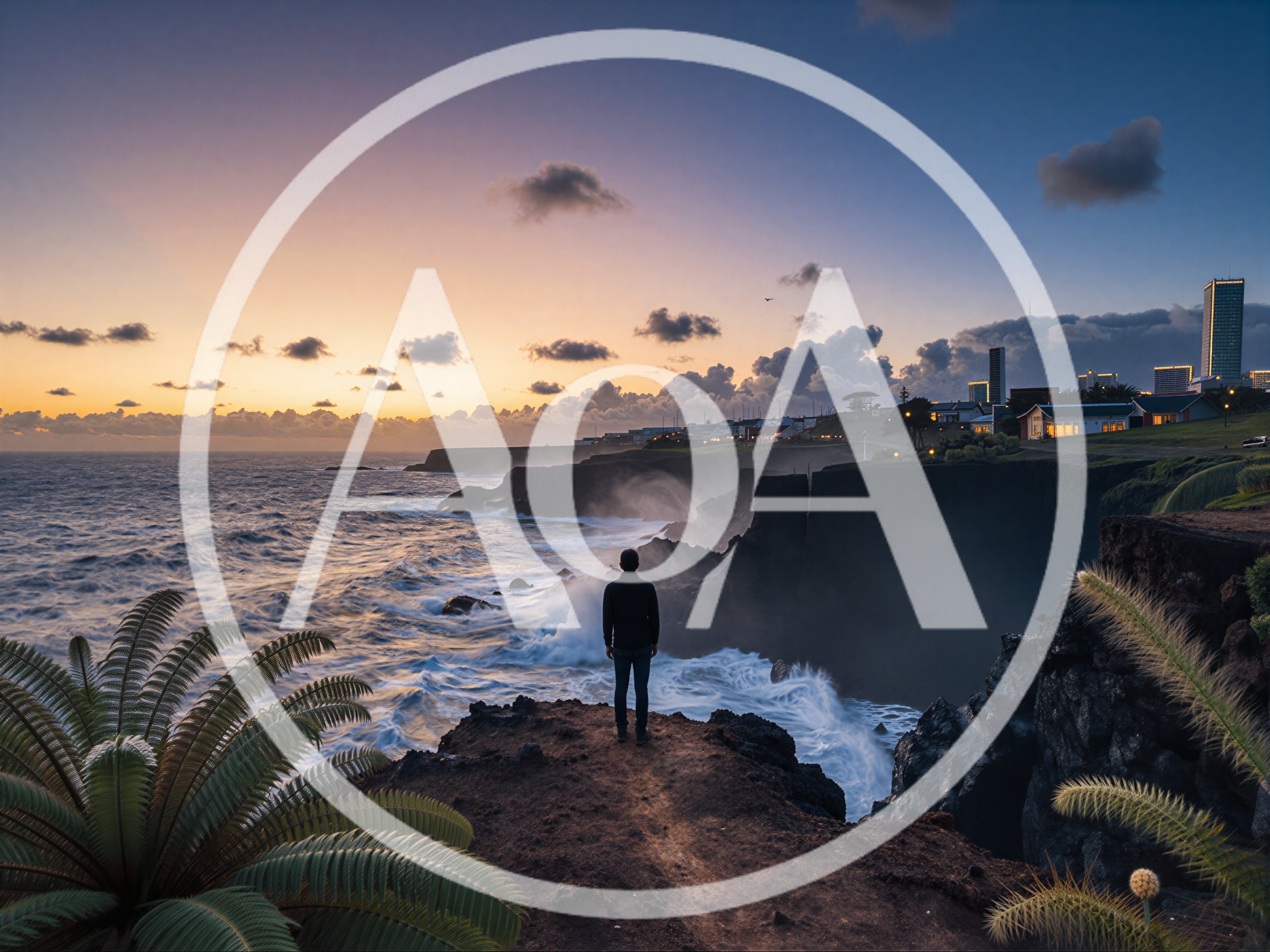 Man Standing On Coastal Cliff Overlooking Ocean At Sunset
