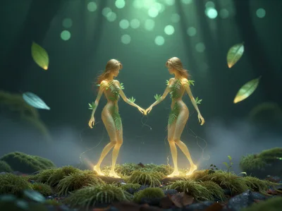 Two Ethereal Forest Nymphs Connecting In A Magical Woodland