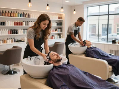 Professional Hair Stylists Washing Clients Hair In Salon