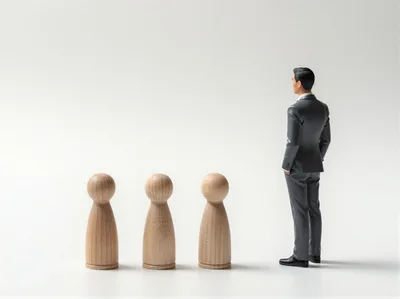 Business Professional Standing Before Three Wooden Peg Dolls