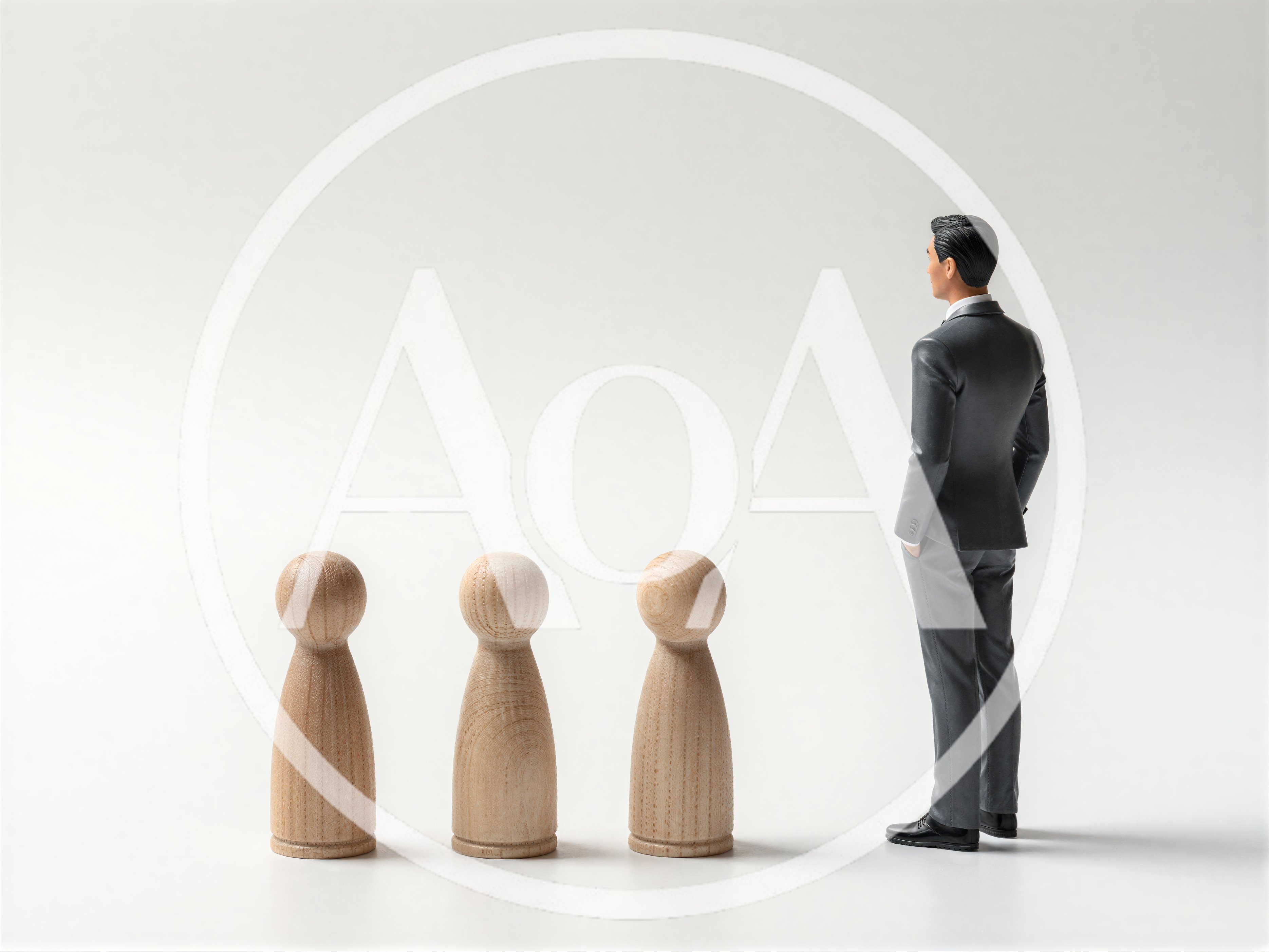 Business Professional Standing Before Three Wooden Peg Dolls