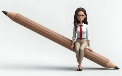 3D Cartoon Businesswoman Sitting On A Giant Pencil