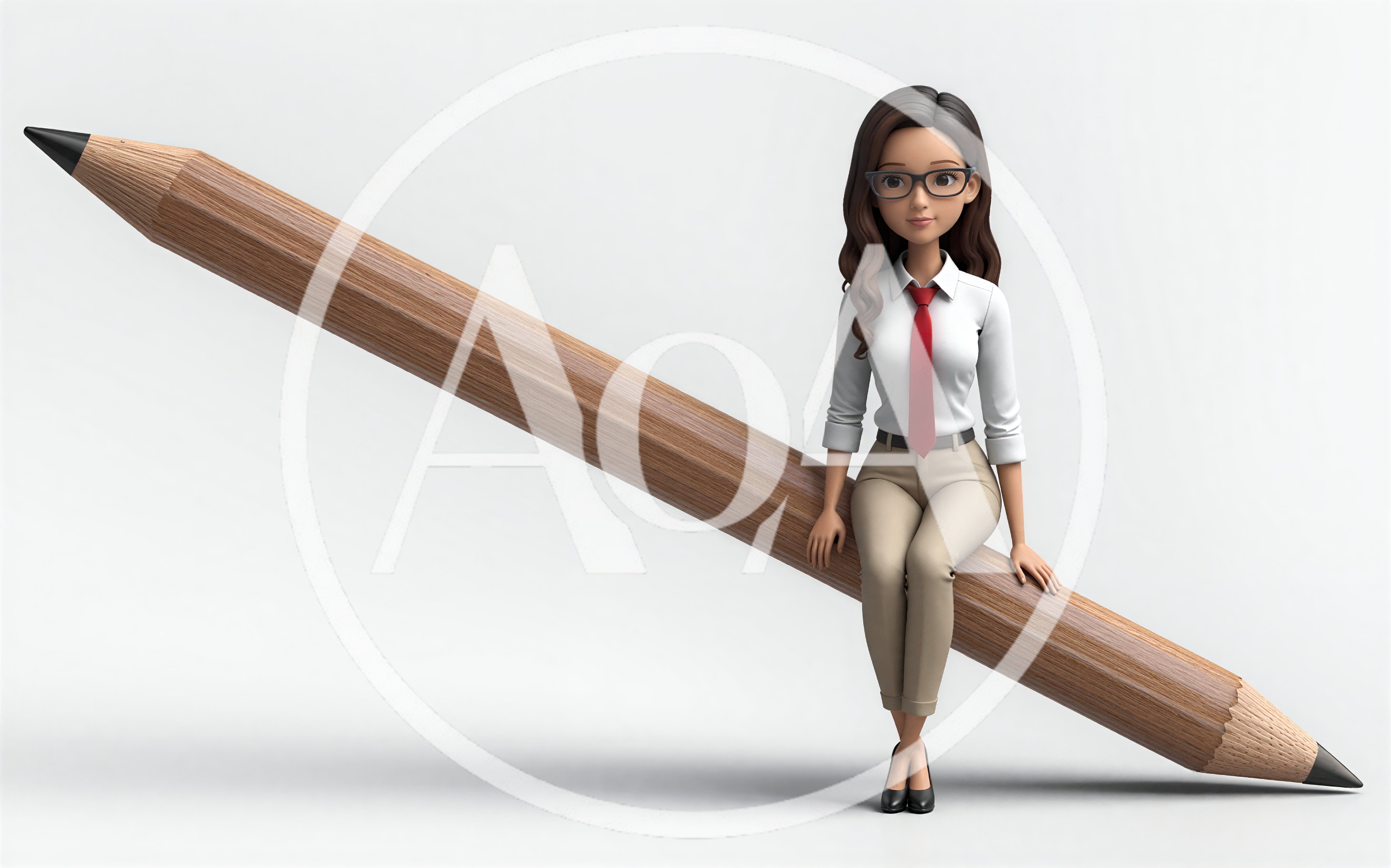 3D Cartoon Businesswoman Sitting On A Giant Pencil