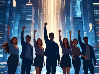 Diverse Group Of Professionals Raising Fists In Solidarity