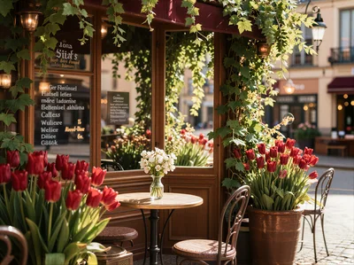 Charming European Cafe Exterior With Red Tulips