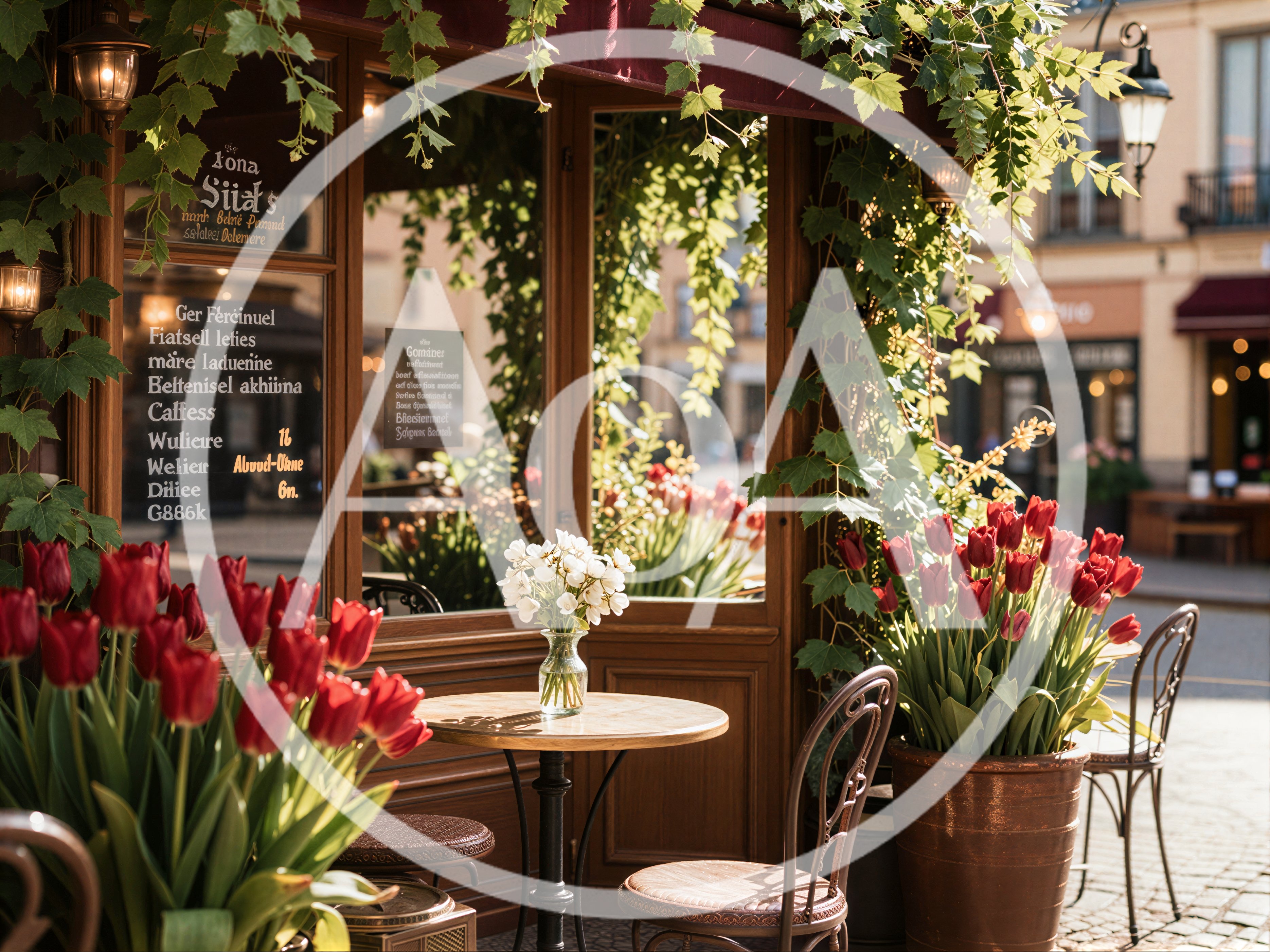 Charming European Cafe Exterior With Red Tulips