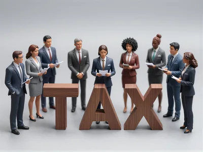 Miniature Business Professionals Standing Behind Wooden Tax Letters