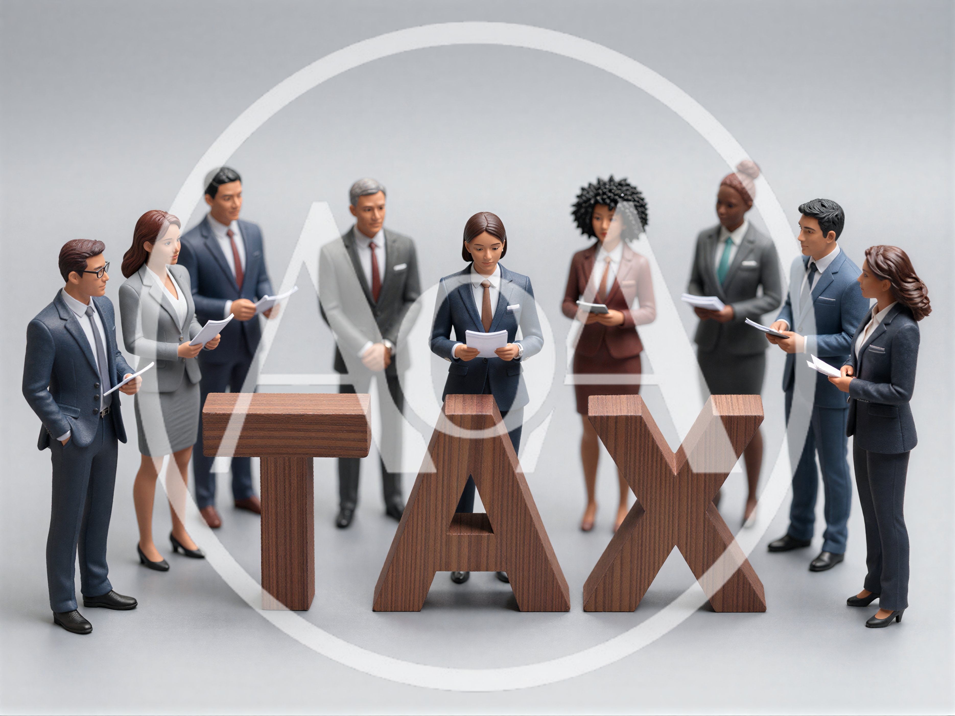Miniature Business Professionals Standing Behind Wooden Tax Letters