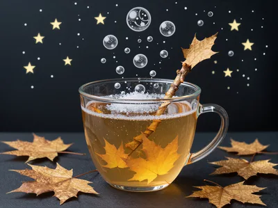 Magical Autumn Tea Cup With Floating Leaves And Bubbles