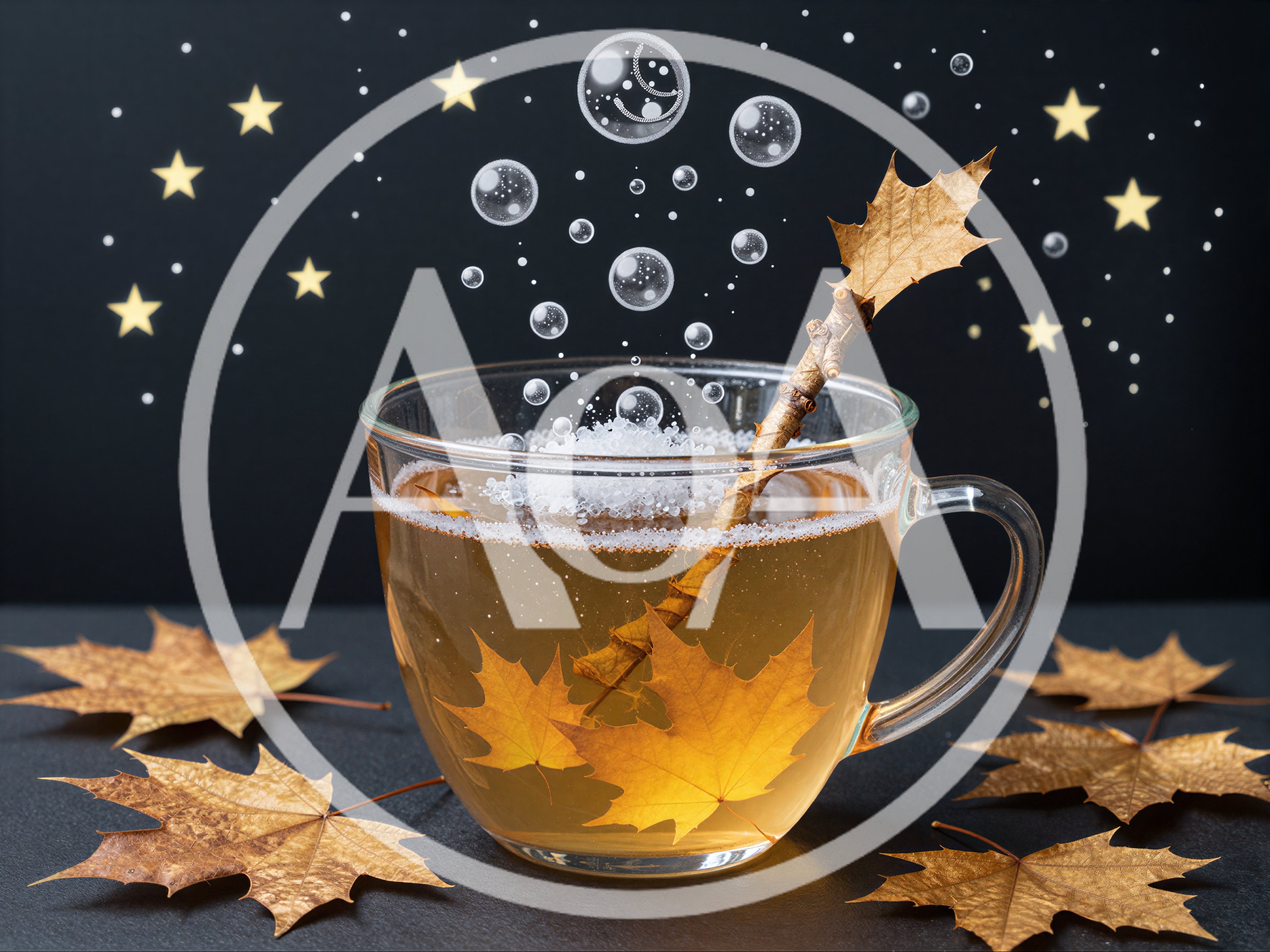 Magical Autumn Tea Cup With Floating Leaves And Bubbles