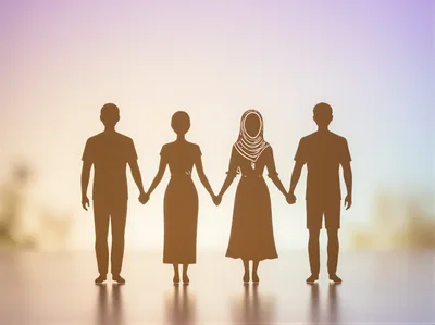 Paper Cutout Silhouettes Of Four People Holding Hands