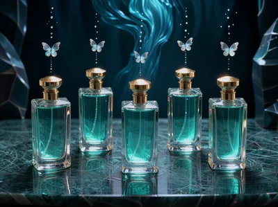 Five Glass Perfume Bottles With Floating Butterflies
