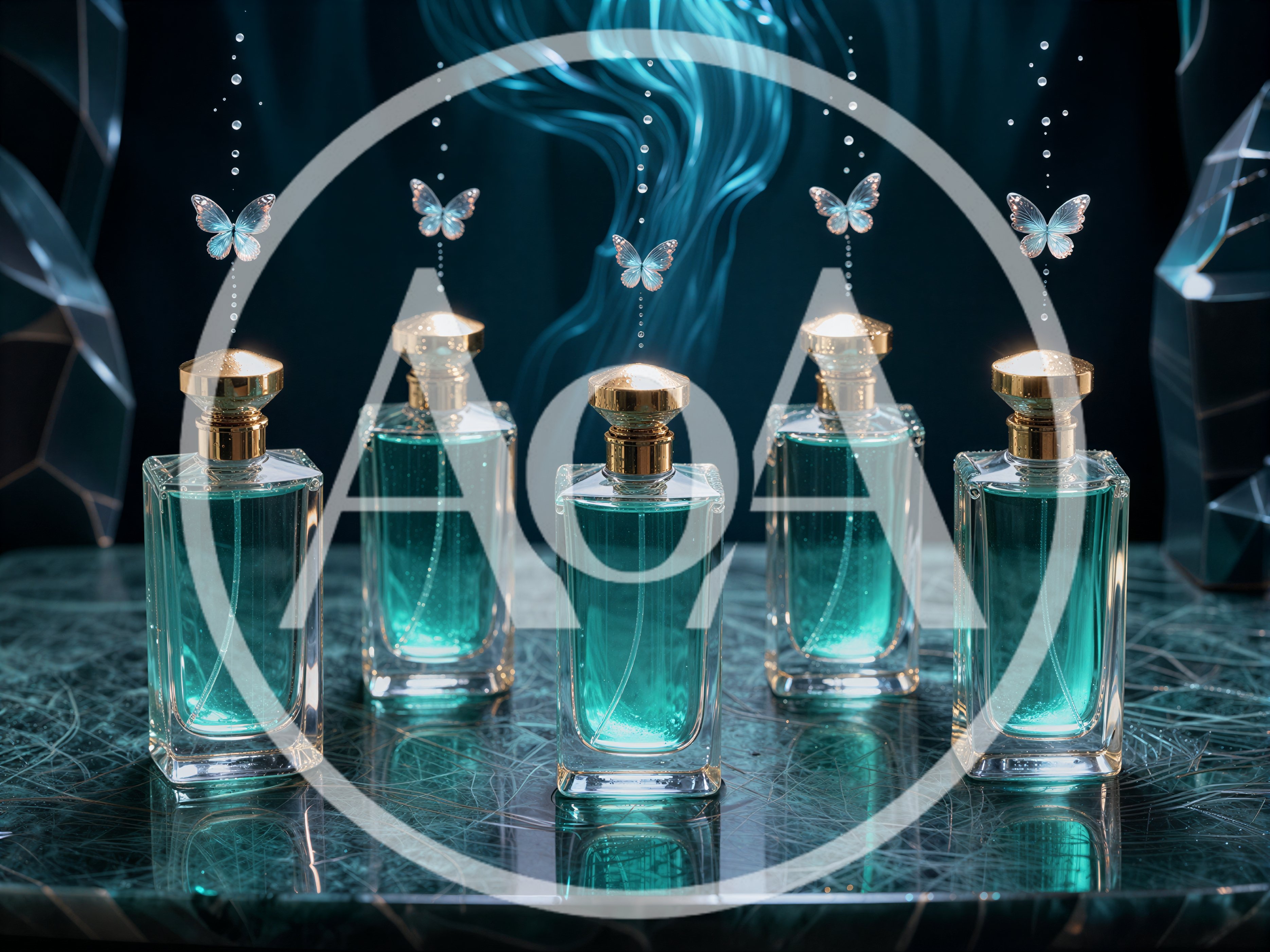 Five Glass Perfume Bottles With Floating Butterflies