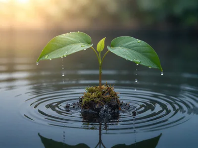Small Green Sprout Growing From Soil In Water