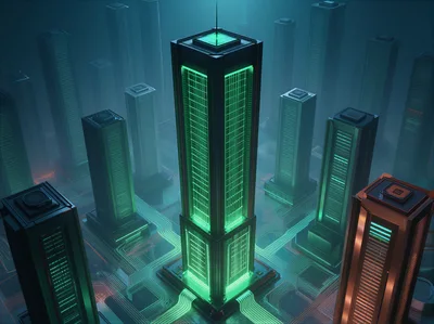 Futuristic Cyberpunk Cityscape With Glowing Data Towers