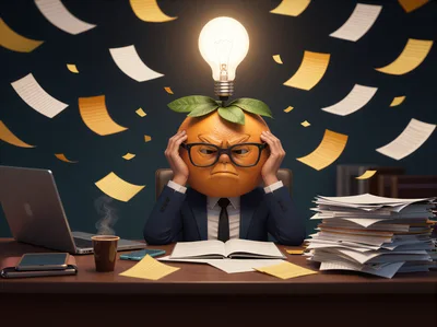 Stressed Orange Character Working At Desk With Papers