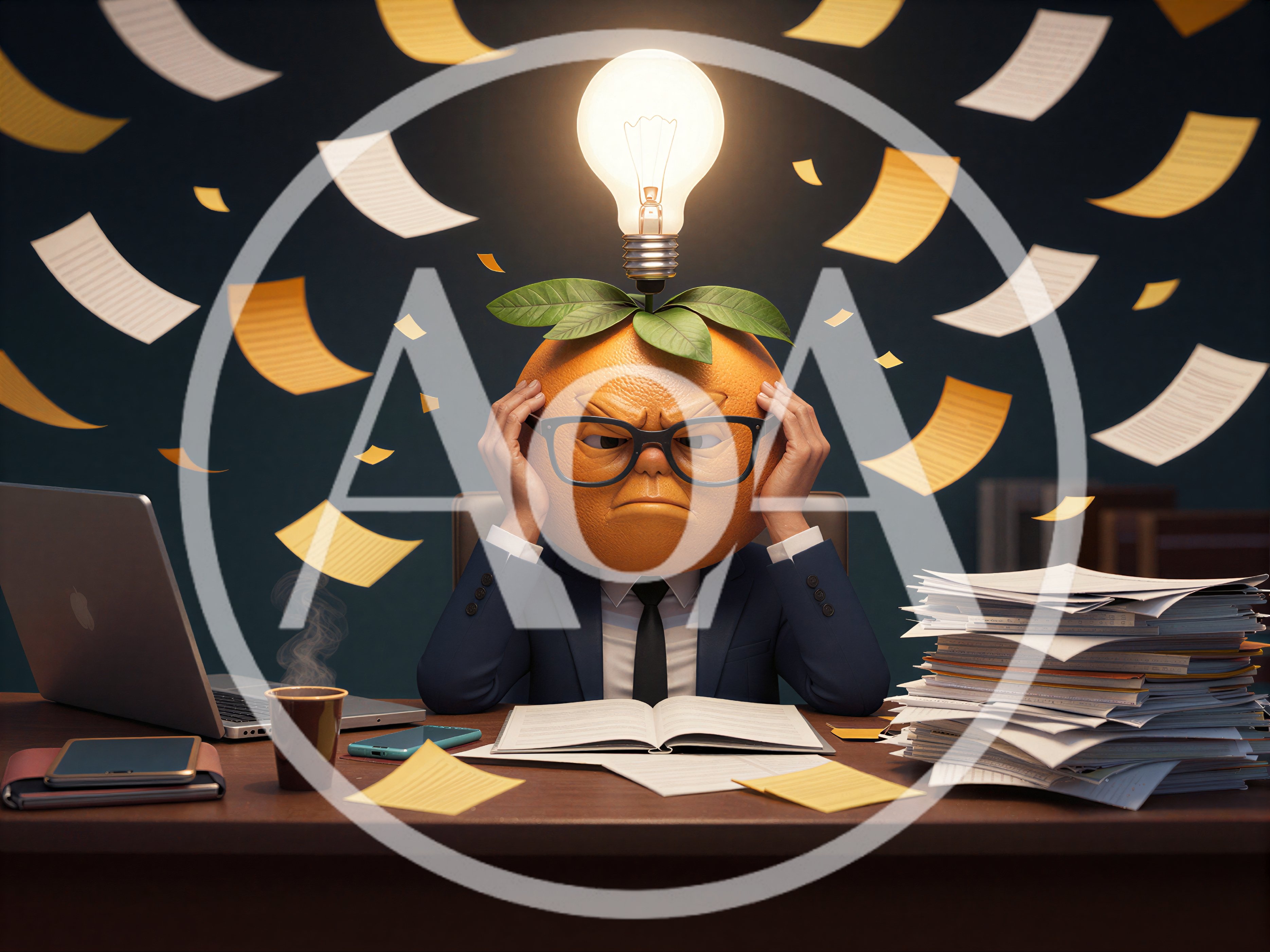 Stressed Orange Character Working At Desk With Papers