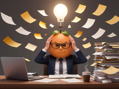 Stressed Orange Character Working At Office Desk