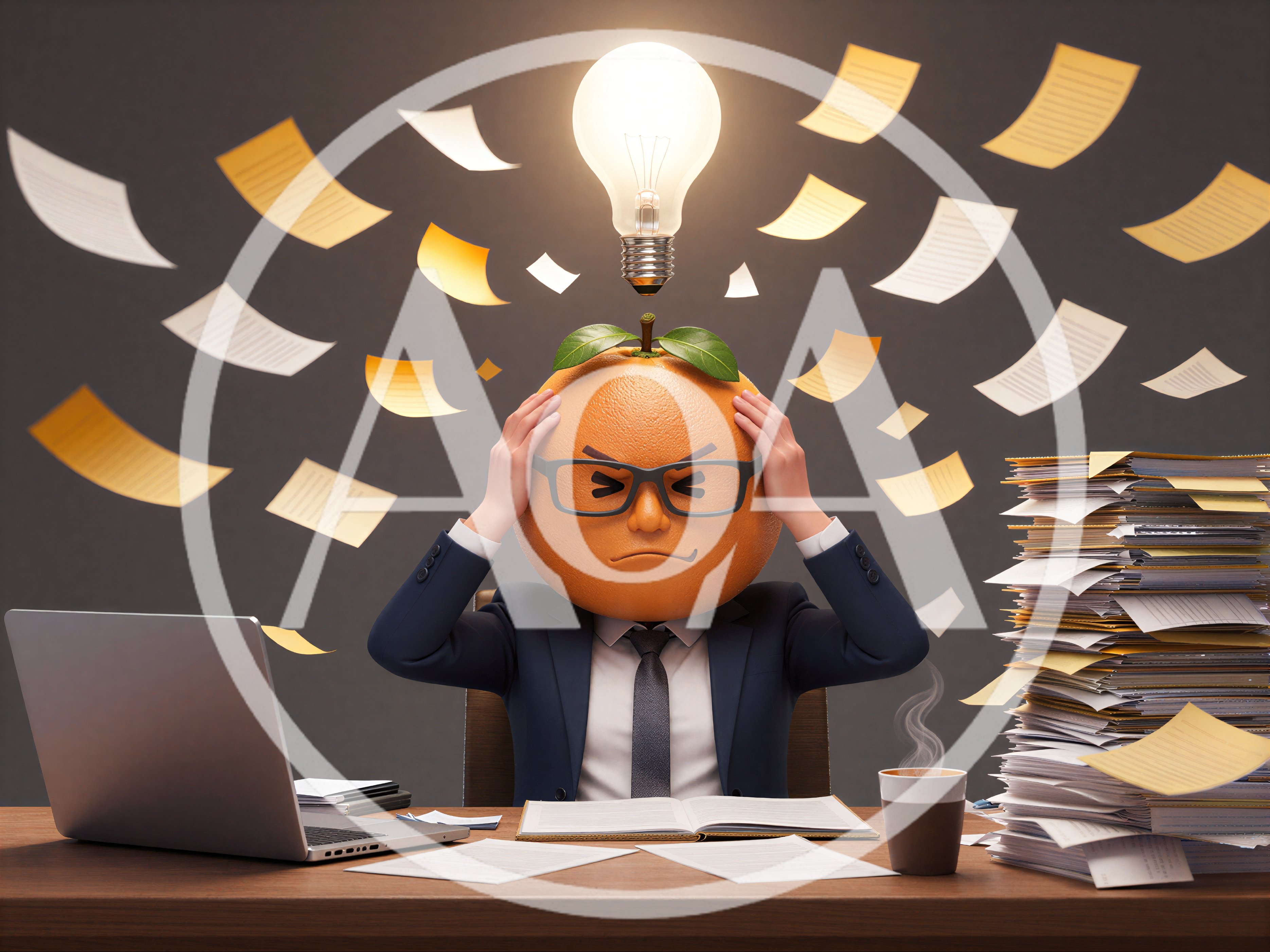 Stressed Orange Character Working At Office Desk