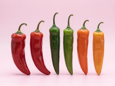 Six Colorful Chili Peppers Lined Up On Pink Background