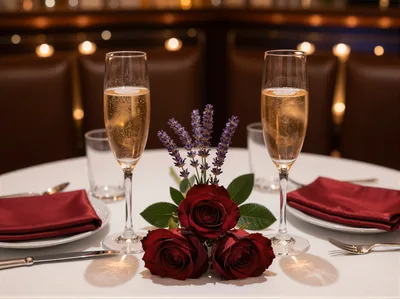 Romantic Table Setting With Champagne And Red Roses