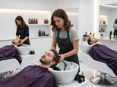 Professional Hairdressers Washing Clients Hair In Salon