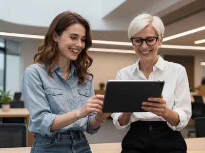 Two Professional Women Collaborating On A Tablet In Office