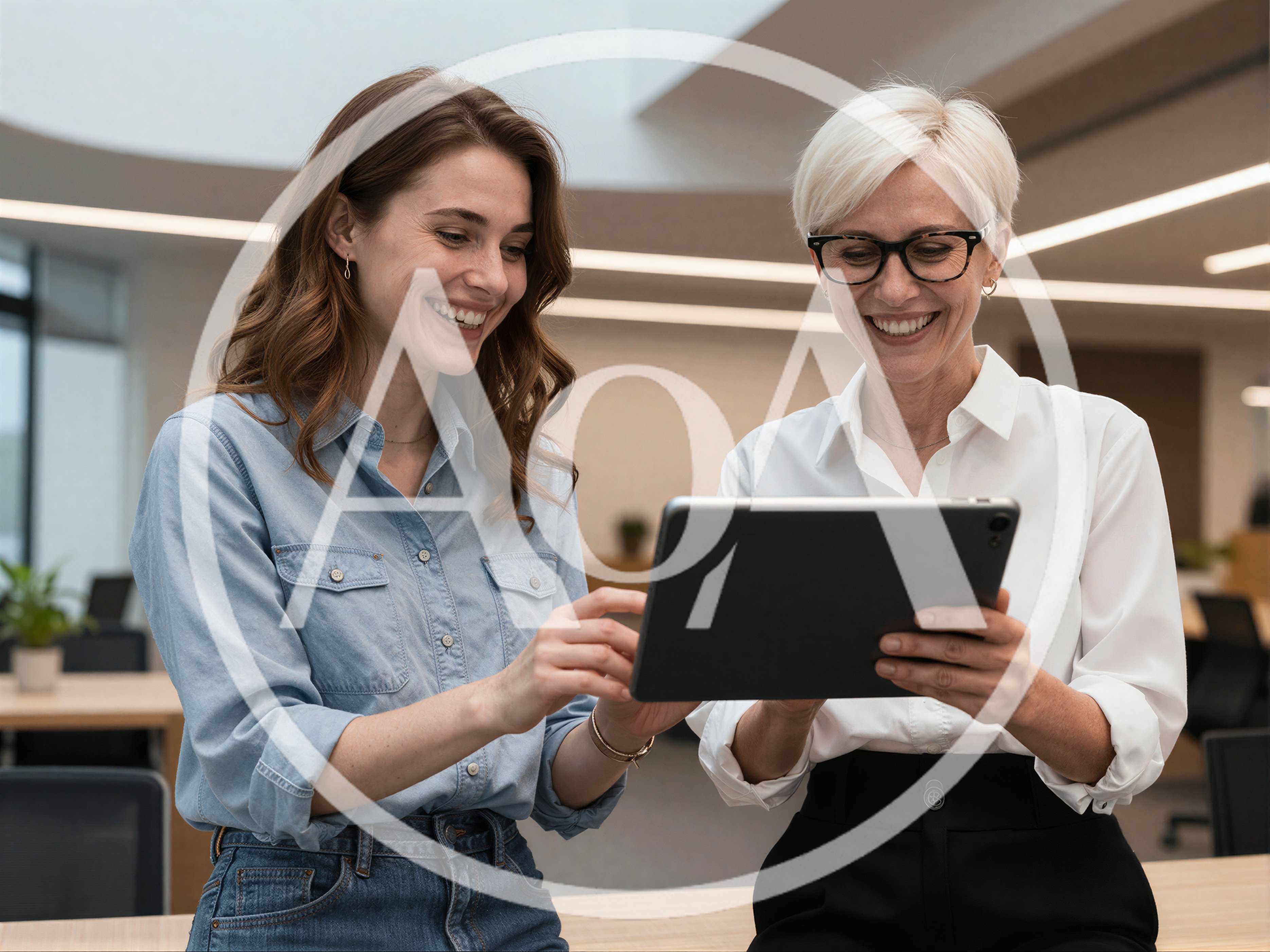 Two Professional Women Collaborating On A Tablet In Office